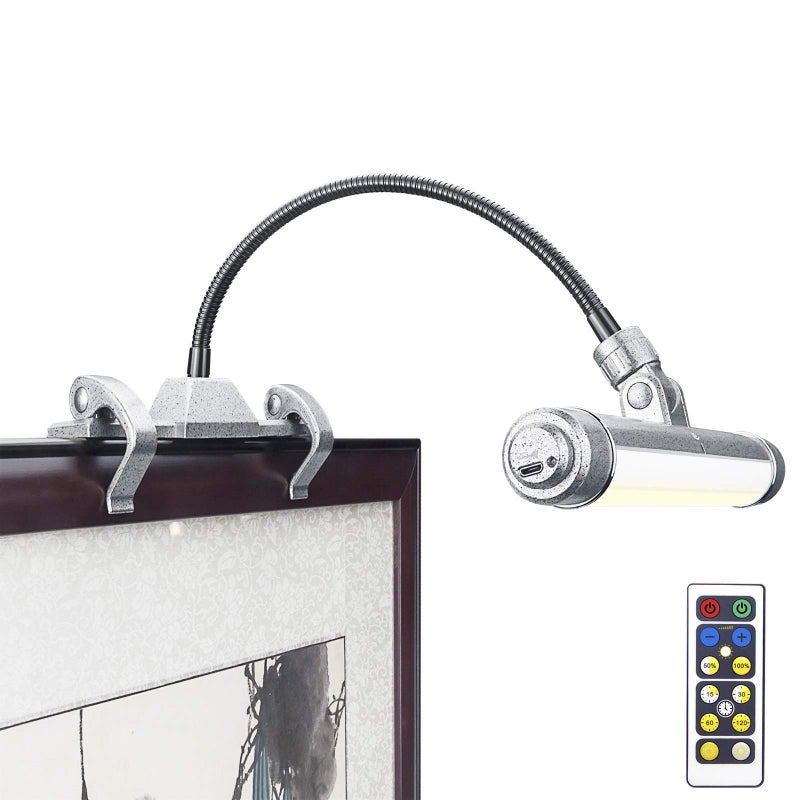 LUXSWAY إطار صور لاسلكي LUXSWAY مع إضاءة LED، إضاءة عرض فنية قابلة لإعادة الشحن، مشبك على الصور، أضواء فوق اللوحات، مصباح فني برأس مرن، 28 LED 3 أوضاع إضاءة 200 لومن - فضي - Image 1